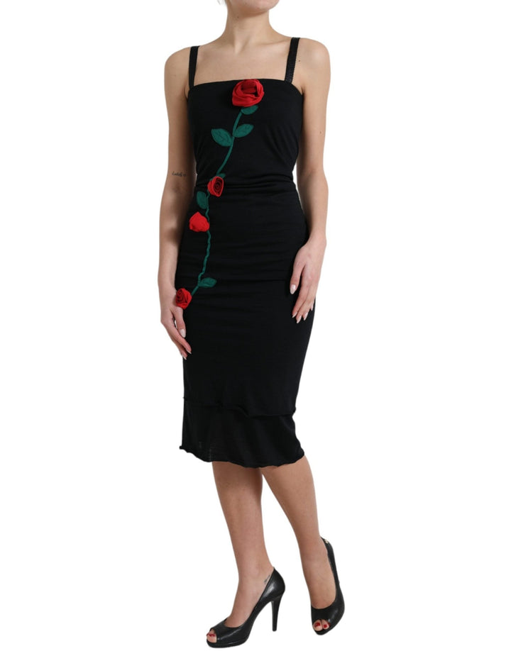 Dolce & Gabbana Black Wool Sleeveless Rose Applique Dress - RIMODA