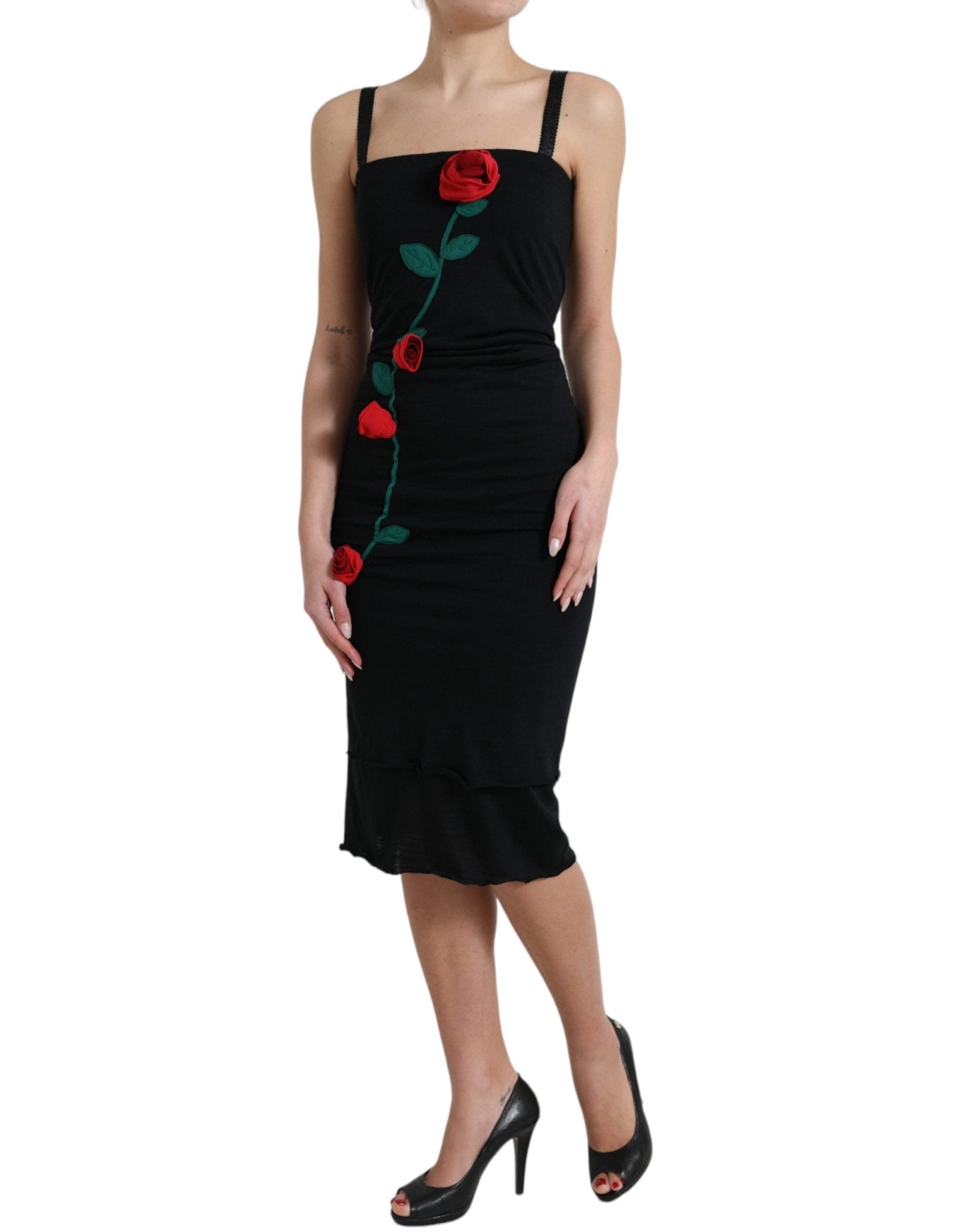 Dolce & Gabbana Black Wool Sleeveless Rose Applique Dress - RIMODA