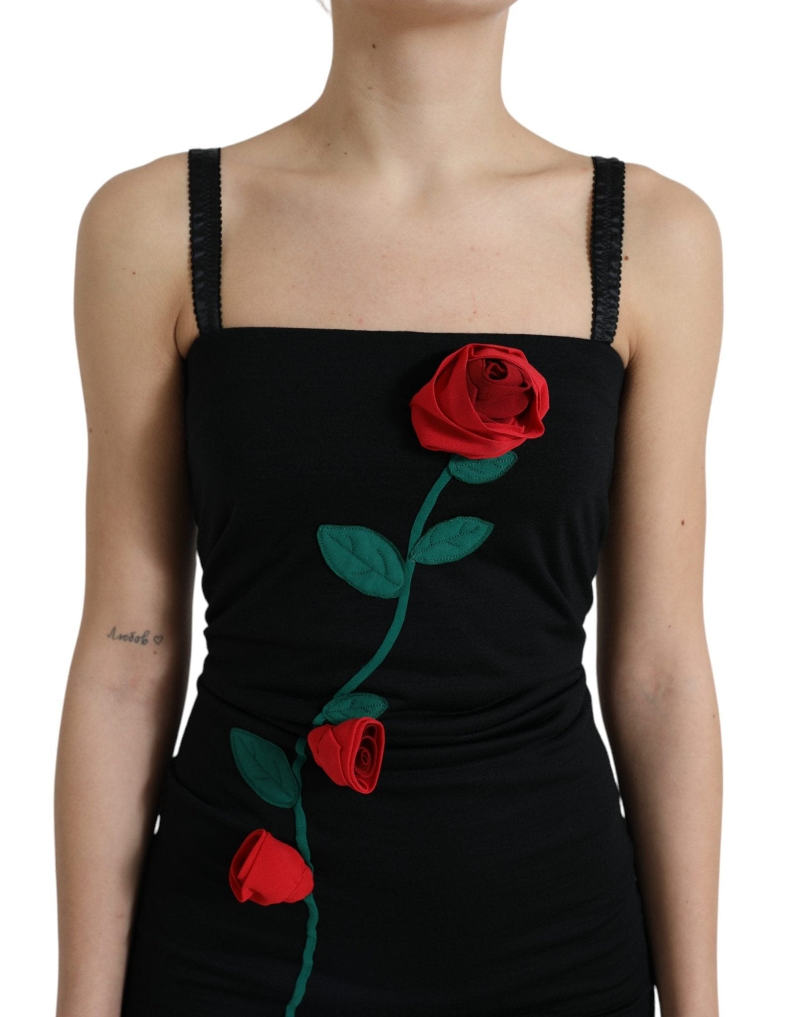 Dolce & Gabbana Black Wool Sleeveless Rose Applique Dress - RIMODA