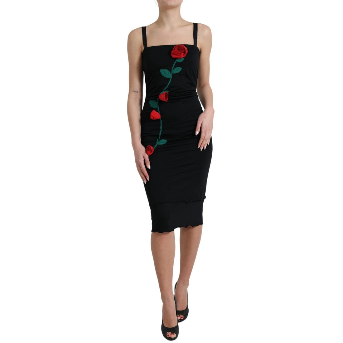 Dolce & Gabbana Black Wool Sleeveless Rose Applique Dress - RIMODA