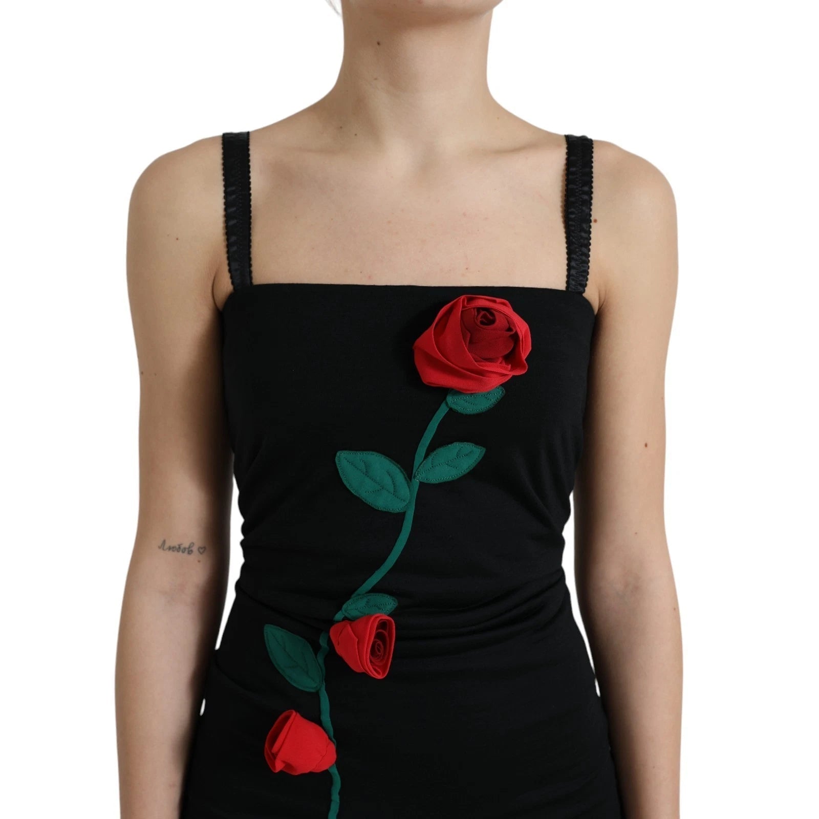 Dolce & Gabbana Black Wool Sleeveless Rose Applique Dress - RIMODA