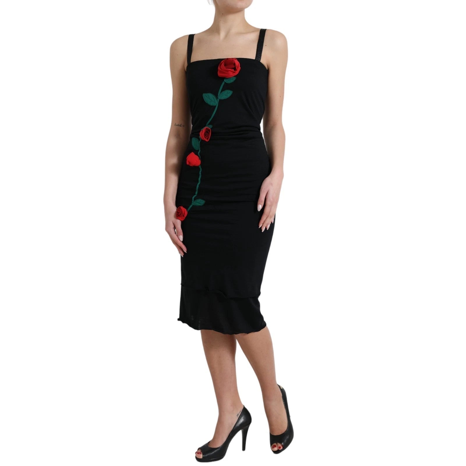 Dolce & Gabbana Black Wool Sleeveless Rose Applique Dress - RIMODA
