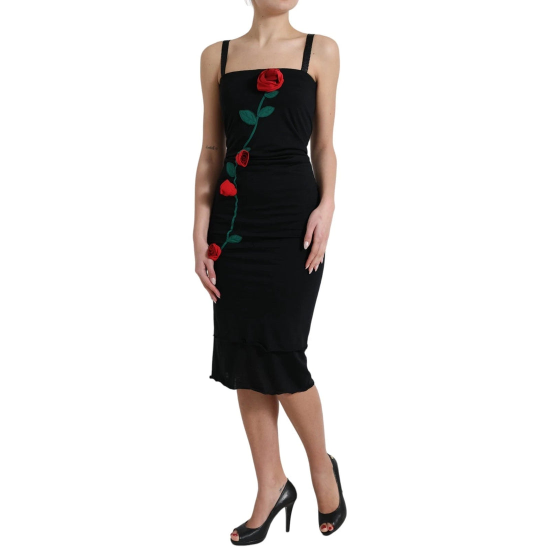 Dolce & Gabbana Black Wool Sleeveless Rose Applique Dress - RIMODA