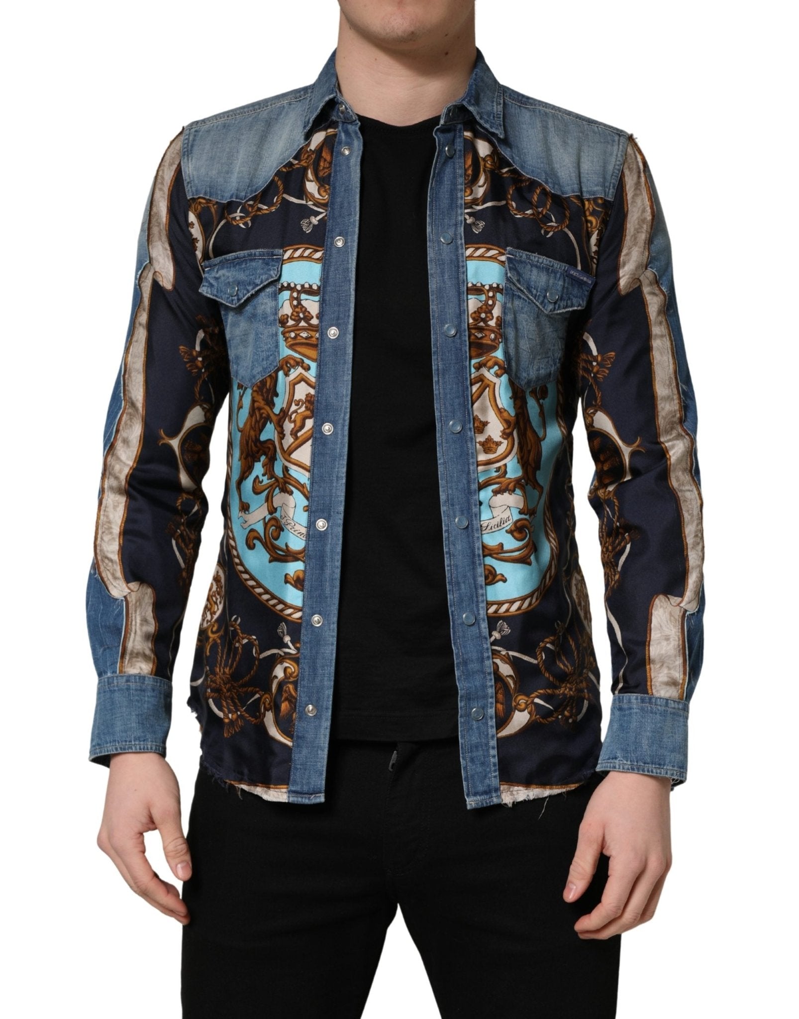 Dolce & Gabbana Blue Baroque Cotton Button Down Denim Shirt - RIMODA