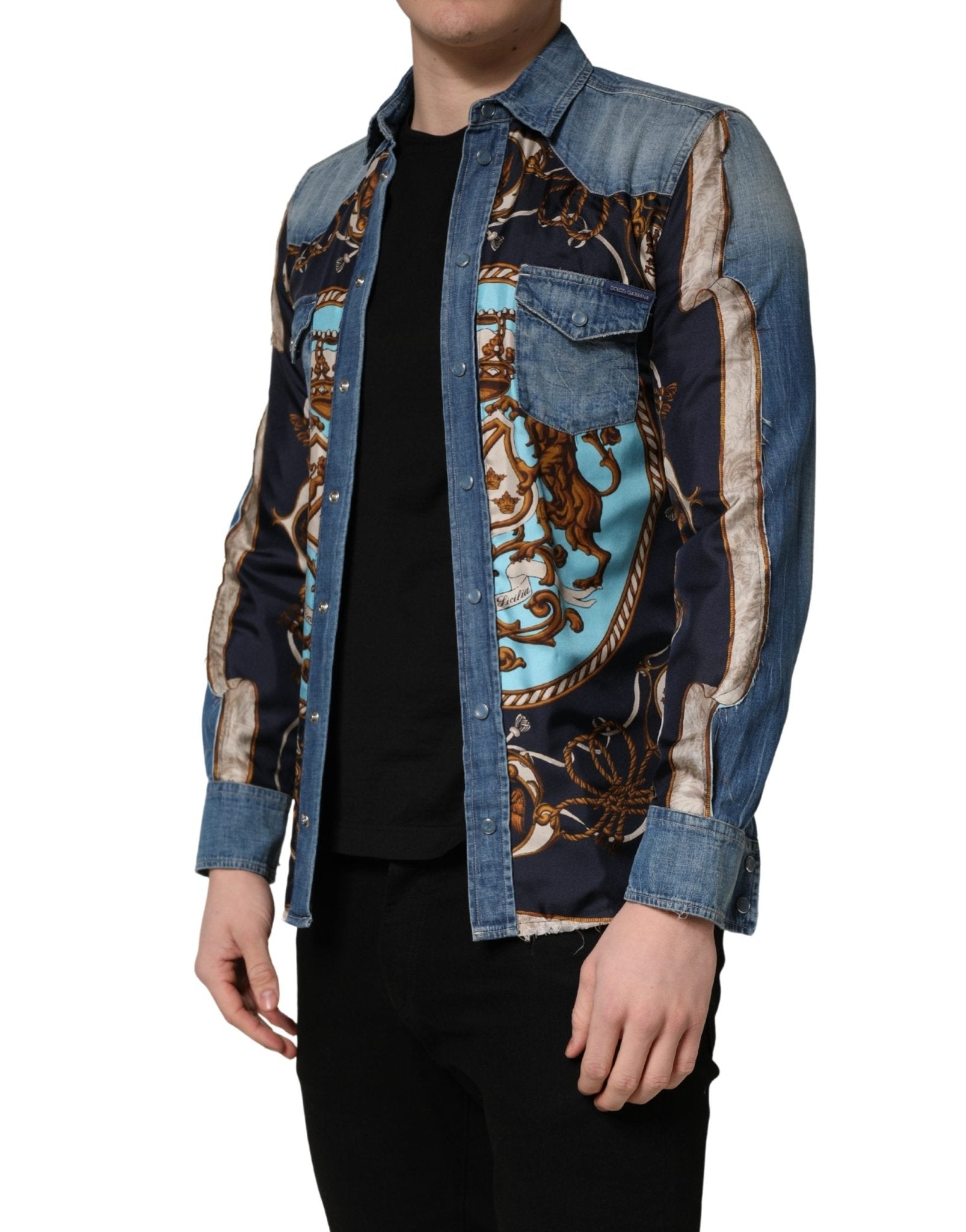 Dolce & Gabbana Blue Baroque Cotton Button Down Denim Shirt - RIMODA