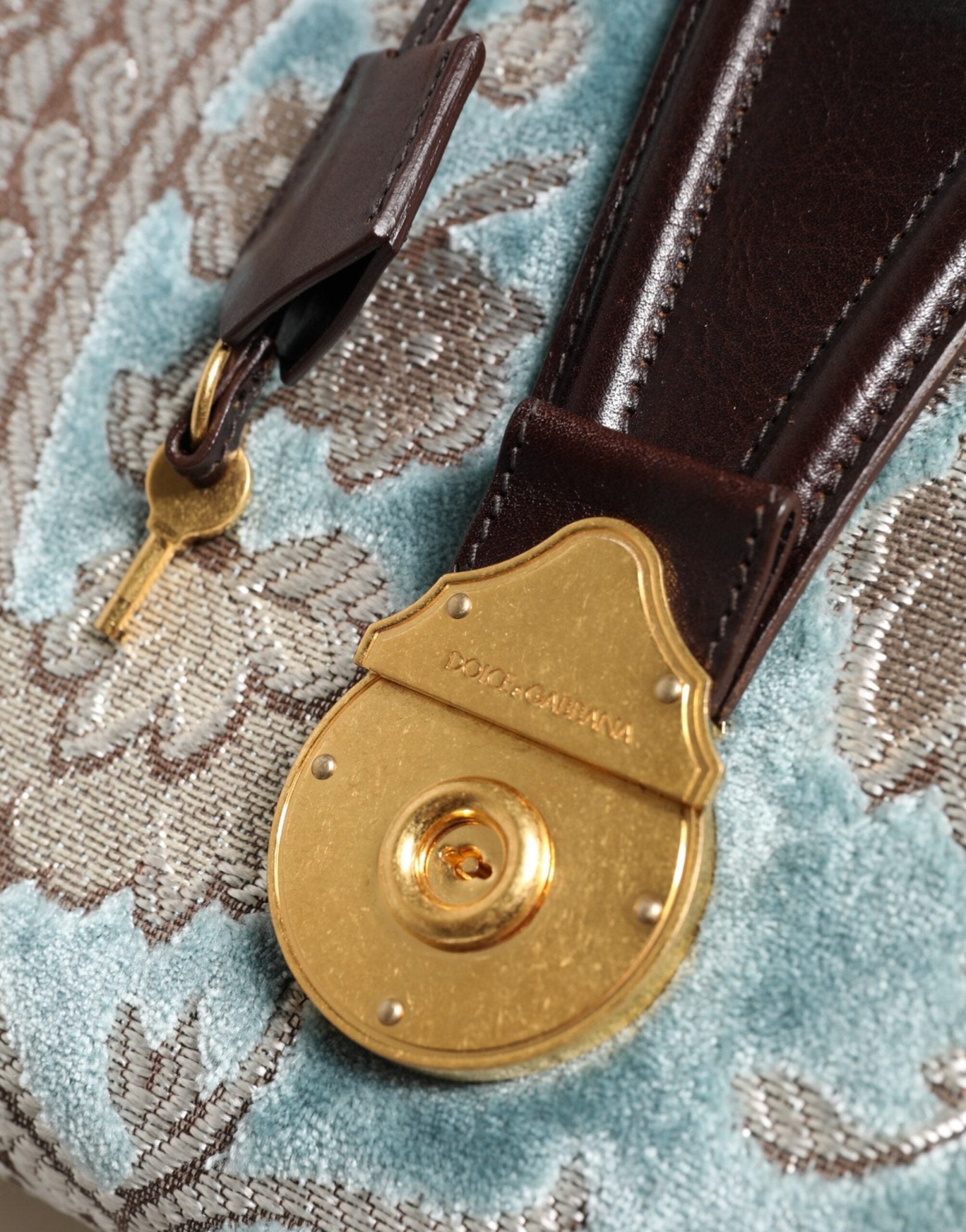 Dolce & Gabbana Blue Brown Leather Floral Jacquard Travel Handbag Bag - RIMODA