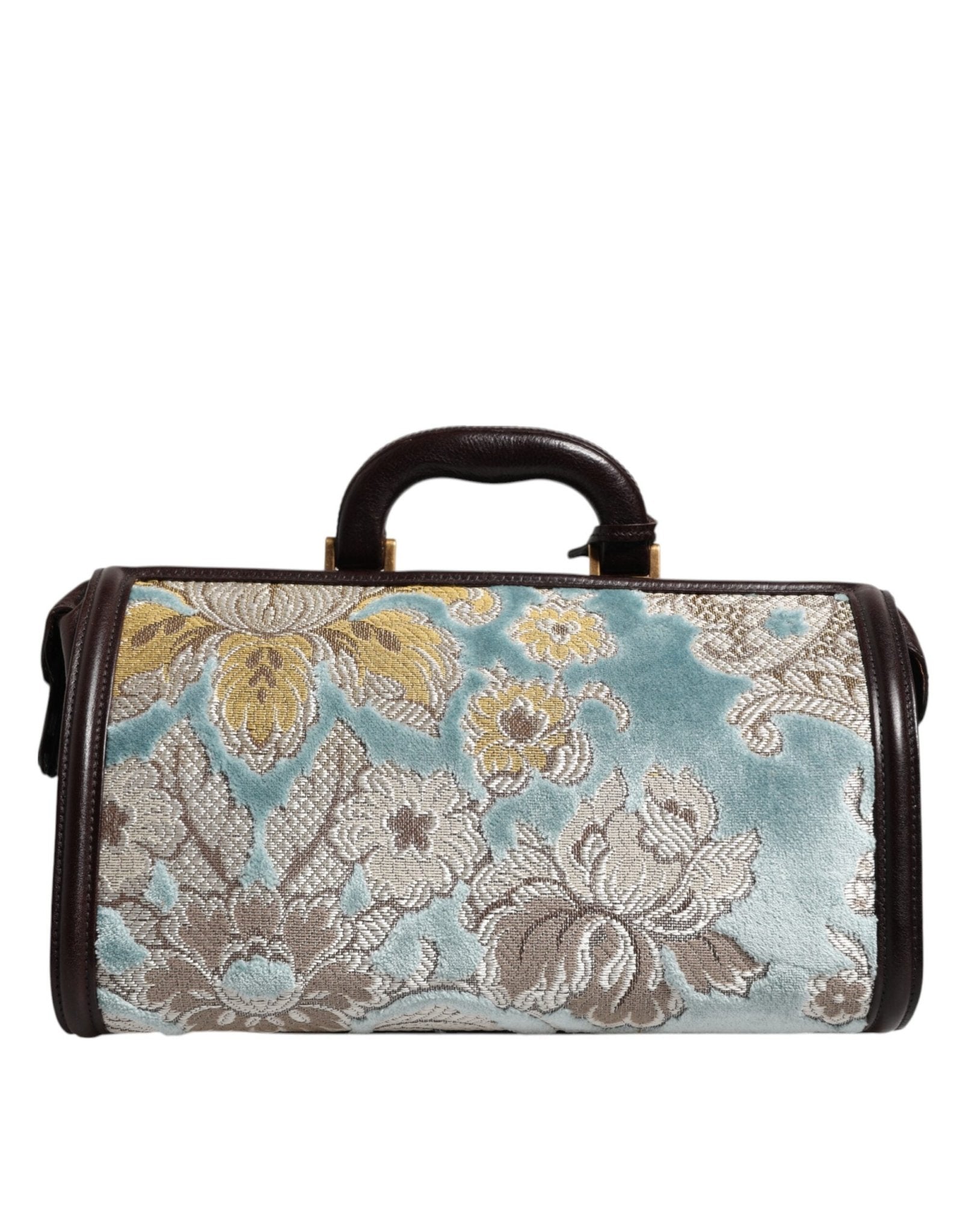 Dolce & Gabbana Blue Brown Leather Floral Jacquard Travel Handbag Bag - RIMODA