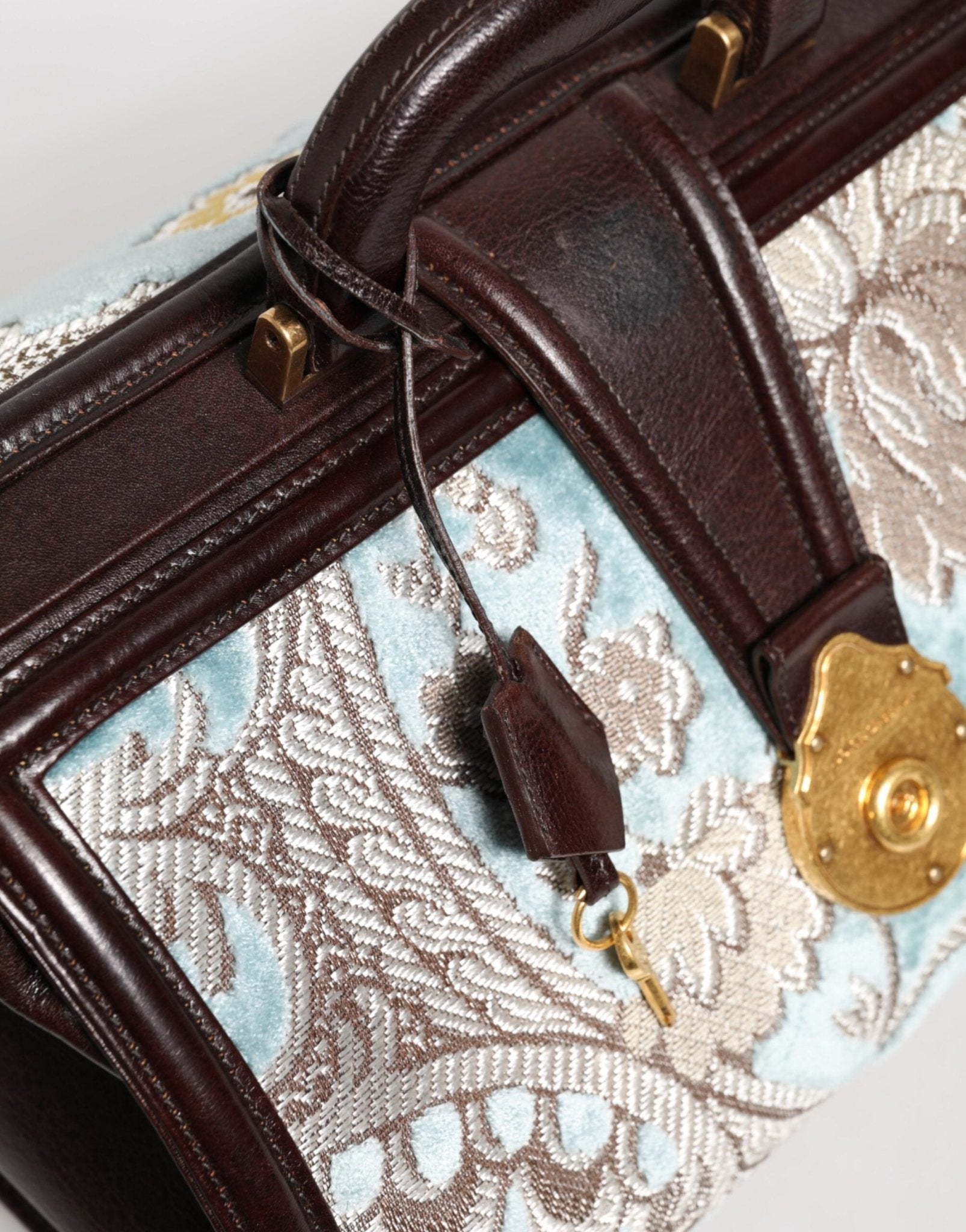 Dolce & Gabbana Blue Brown Leather Floral Jacquard Travel Handbag Bag - RIMODA