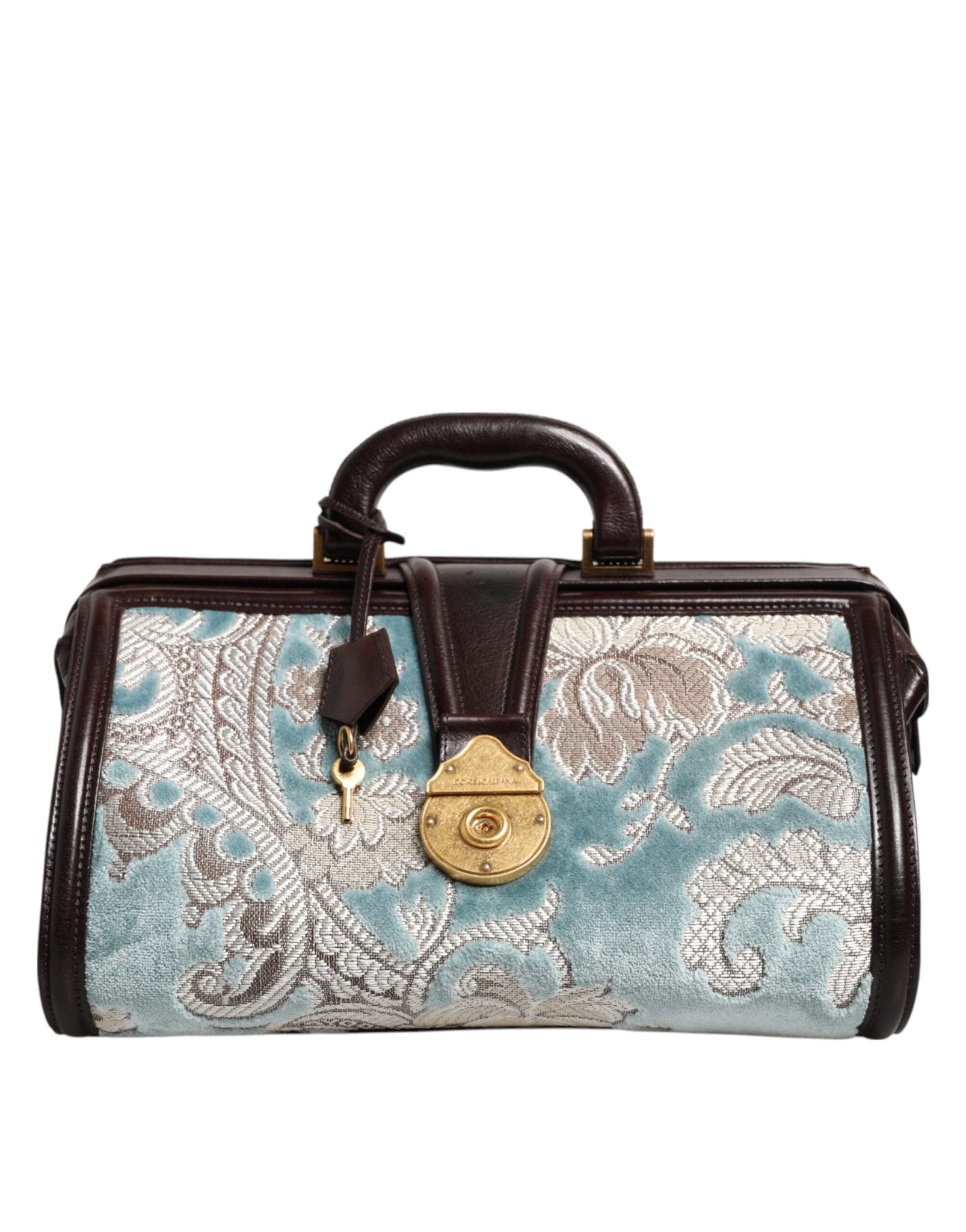 Dolce & Gabbana Blue Brown Leather Floral Jacquard Travel Handbag Bag - RIMODA