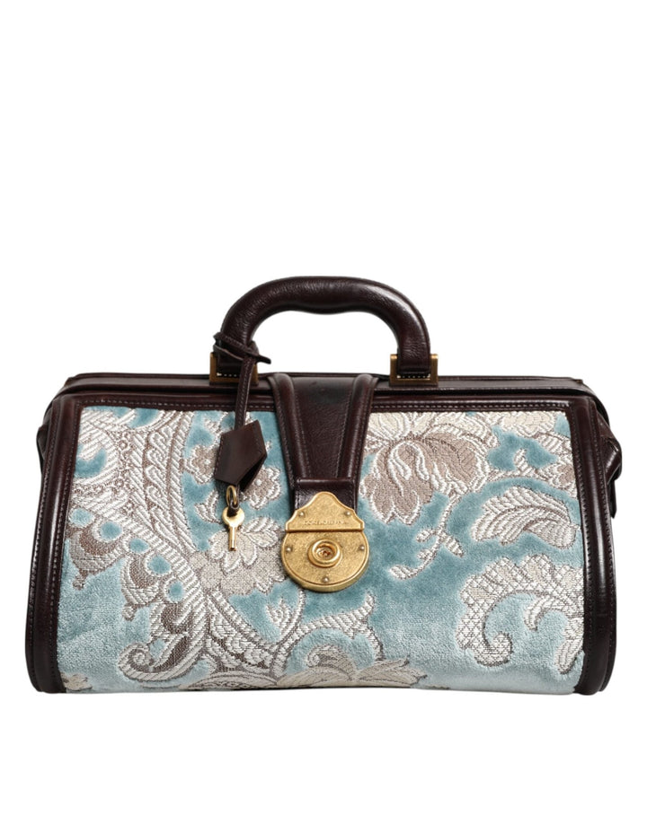 Dolce & Gabbana Blue Brown Leather Floral Jacquard Travel Handbag Bag - RIMODA