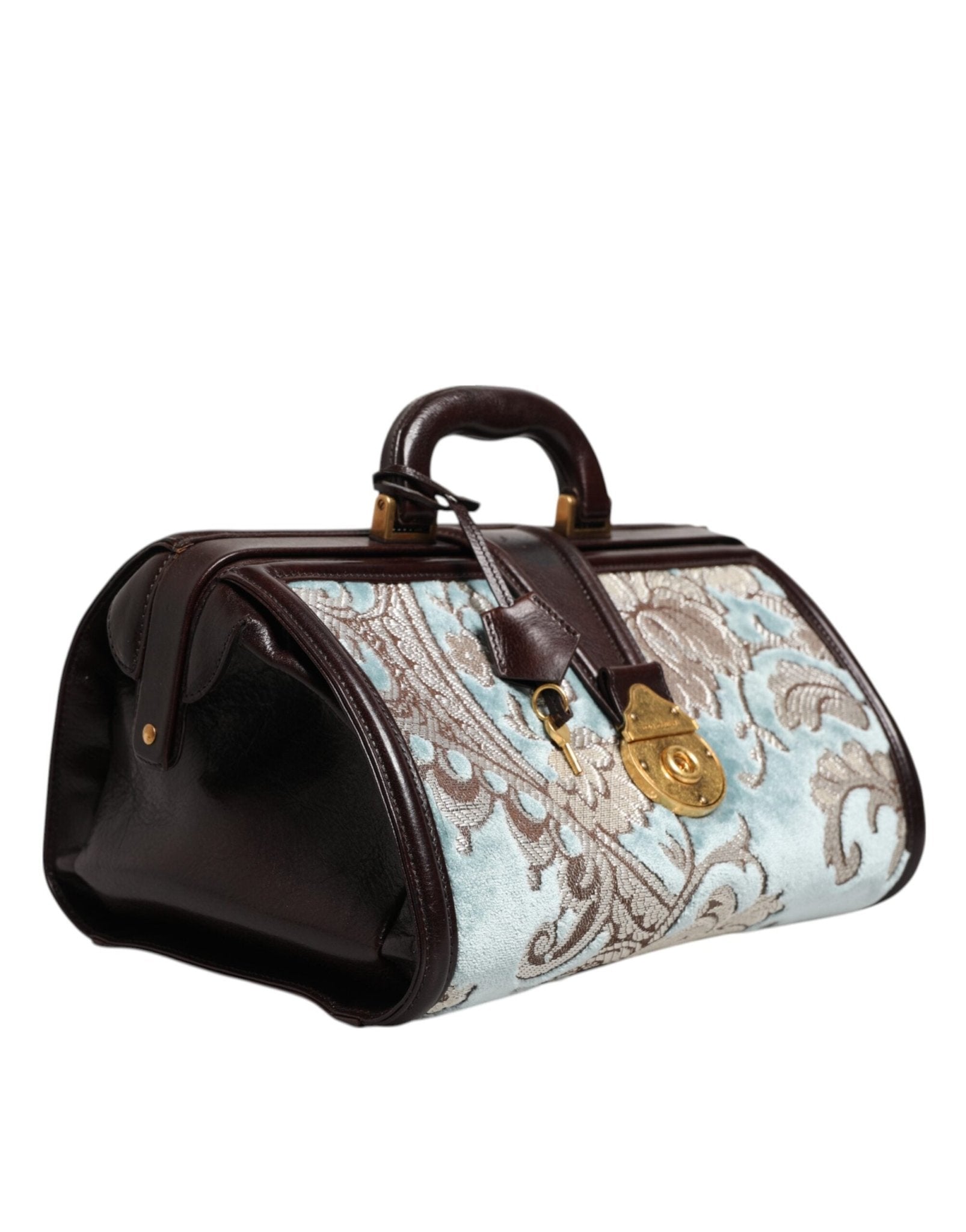 Dolce & Gabbana Blue Brown Leather Floral Jacquard Travel Handbag Bag - RIMODA