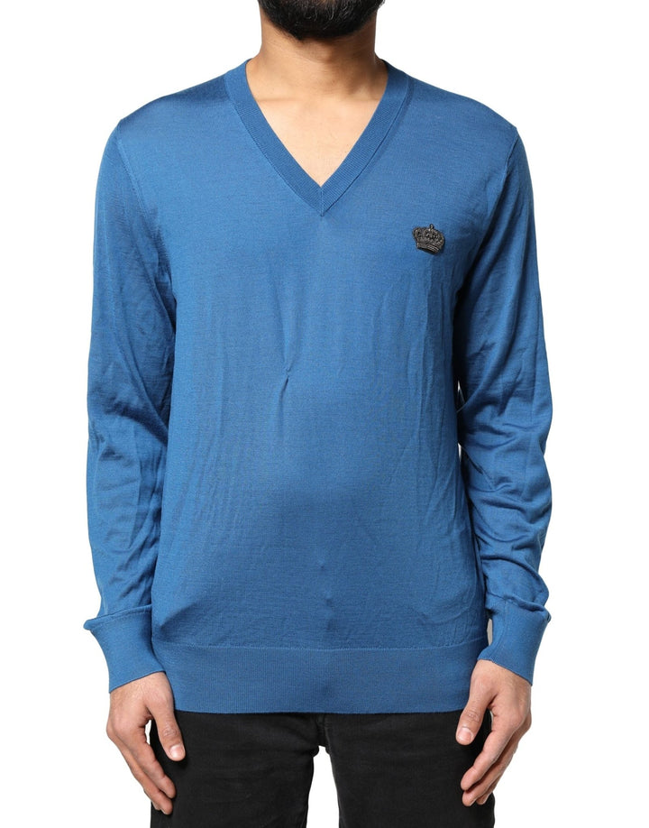 Dolce & Gabbana Blue Cashmere Crown V-neck Pullover Sweater - RIMODA