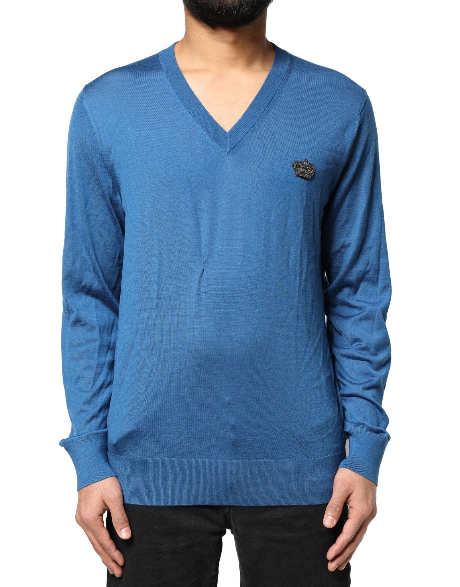 Dolce & Gabbana Blue Cashmere Crown V-neck Pullover Sweater - RIMODA