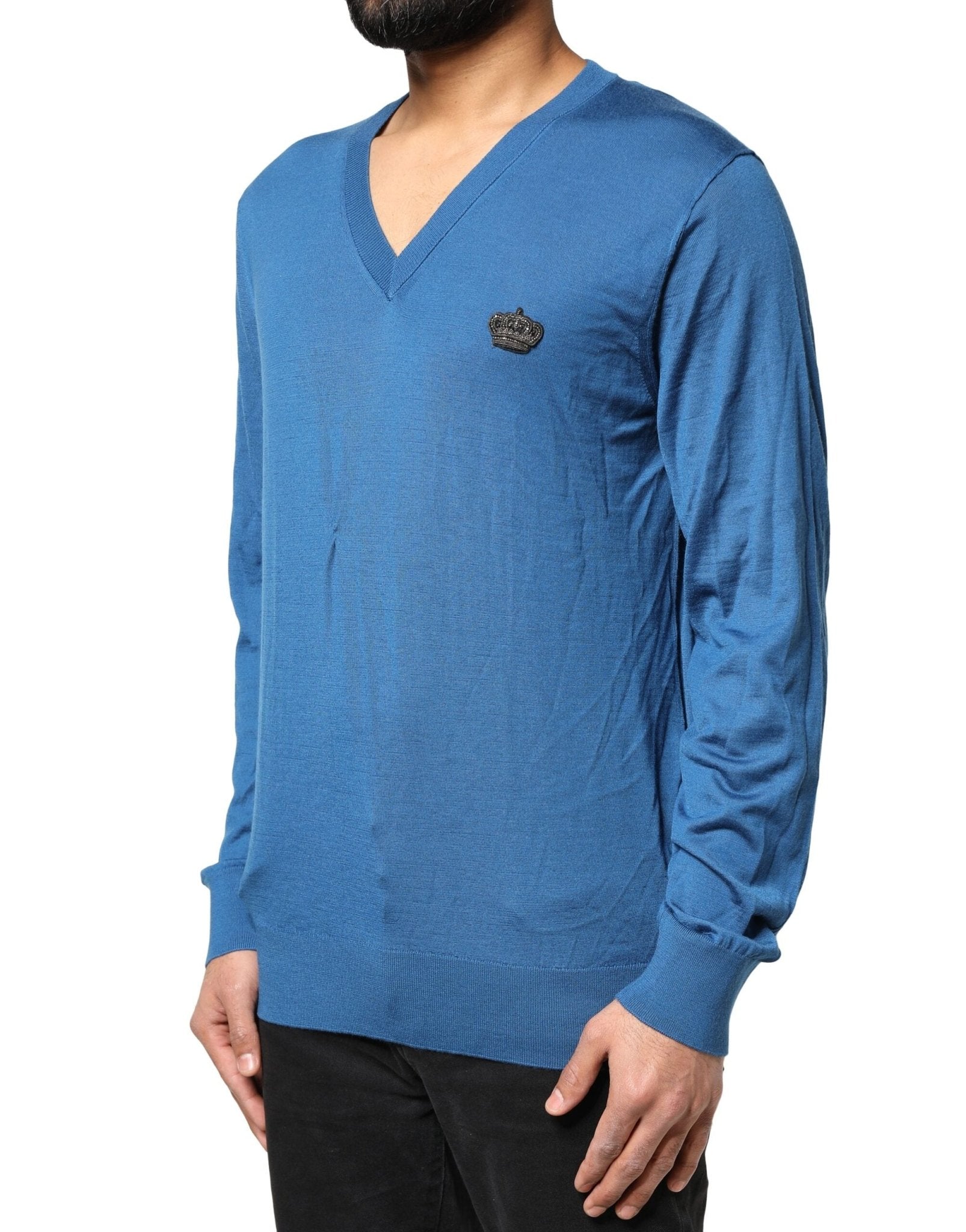Dolce & Gabbana Blue Cashmere Crown V-neck Pullover Sweater - RIMODA