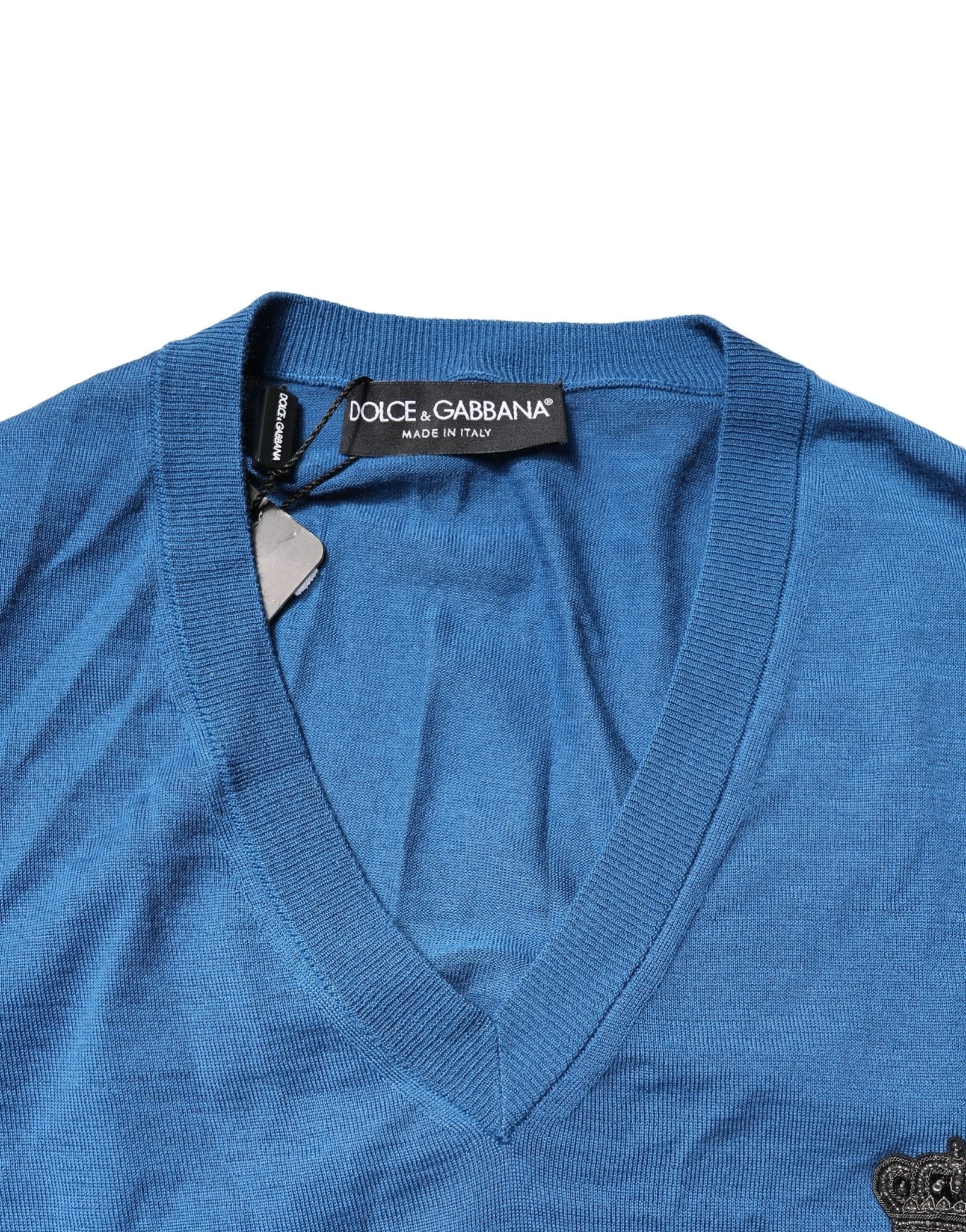 Dolce & Gabbana Blue Cashmere Crown V-neck Pullover Sweater - RIMODA