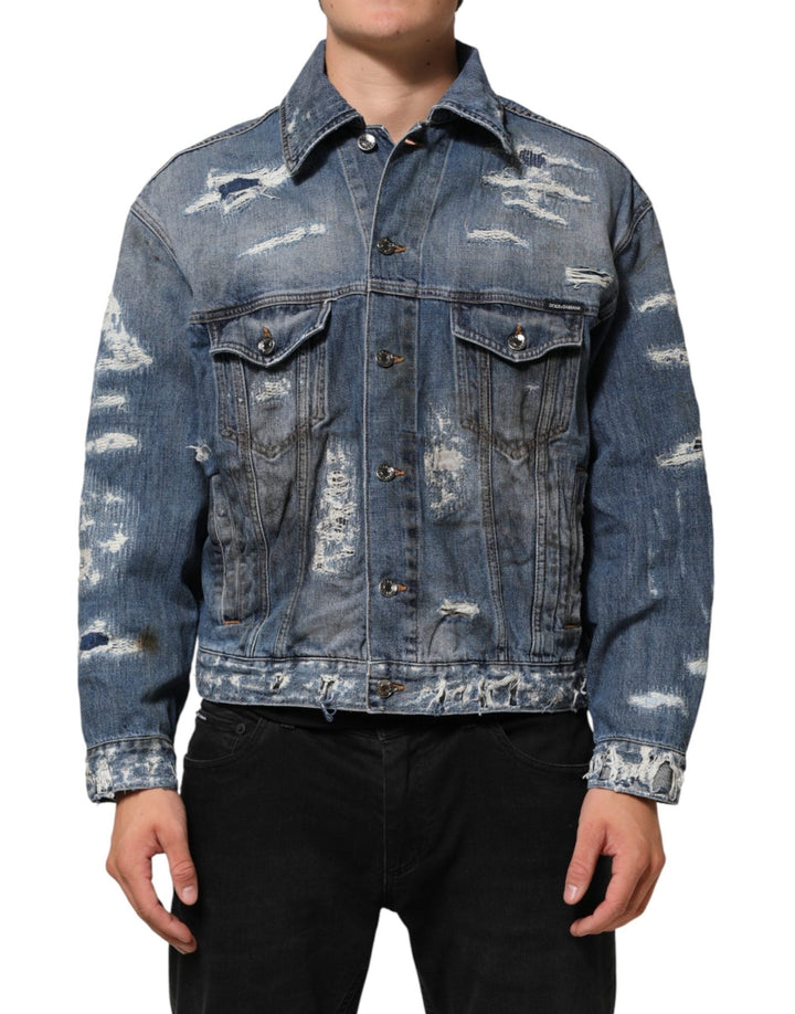 Dolce & Gabbana Blue Cotton Tattered Denim Blouson Jacket - RIMODA