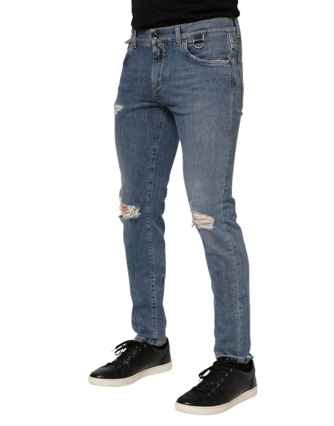 Dolce & Gabbana Blue Cotton Tattered Skinny Logo Denim Jeans - RIMODA