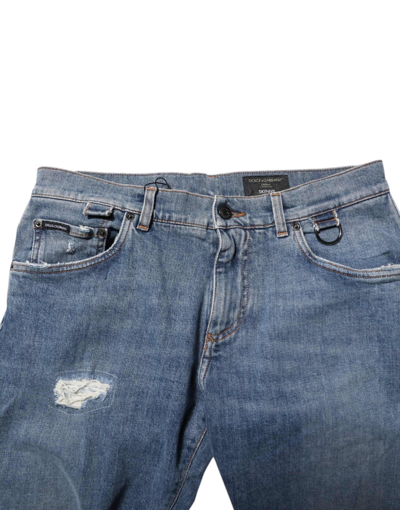 Dolce & Gabbana Blue Cotton Tattered Skinny Logo Denim Jeans - RIMODA