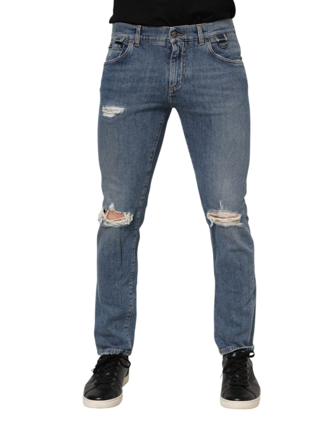 Dolce & Gabbana Blue Cotton Tattered Skinny Logo Denim Jeans - RIMODA