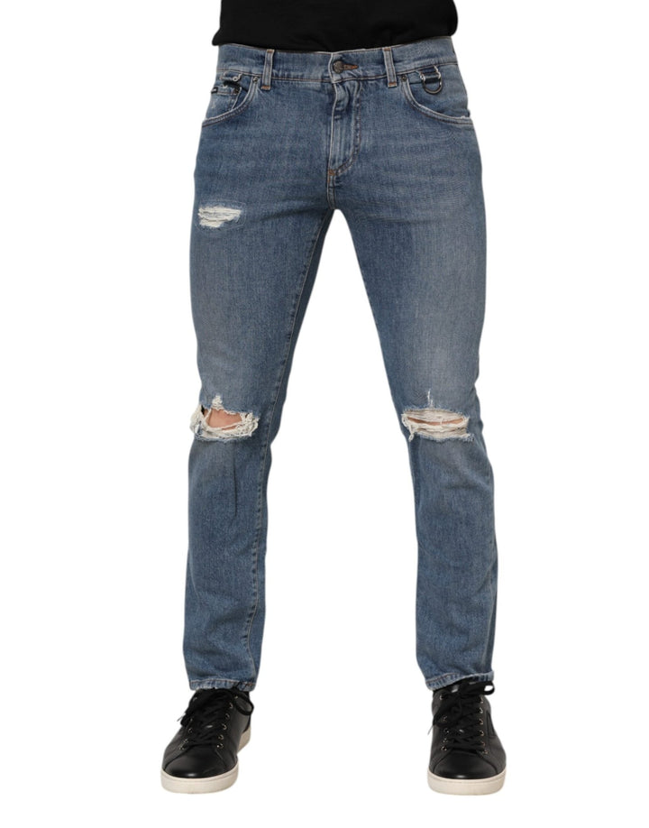 Dolce & Gabbana Blue Cotton Tattered Skinny Logo Denim Jeans - RIMODA