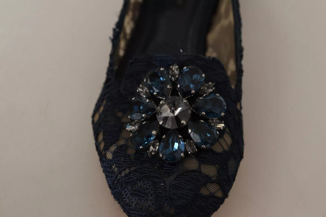 Dolce & Gabbana Blue Crystal Loafer Lace Ballet Flats Shoes - RIMODA