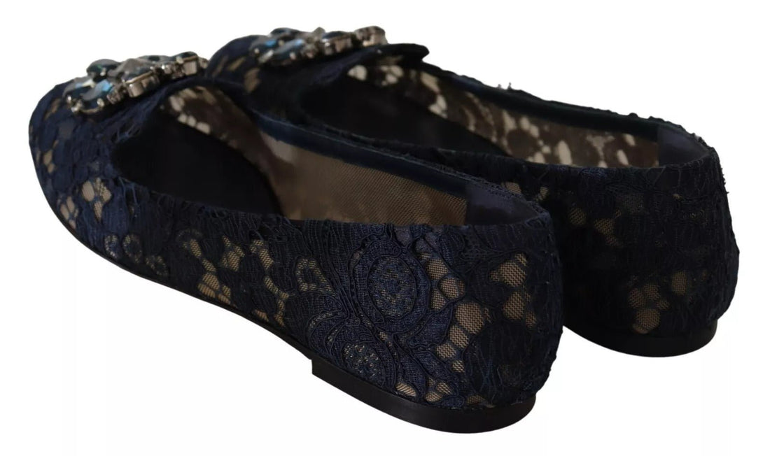 Dolce & Gabbana Blue Crystal Loafer Lace Ballet Flats Shoes - RIMODA