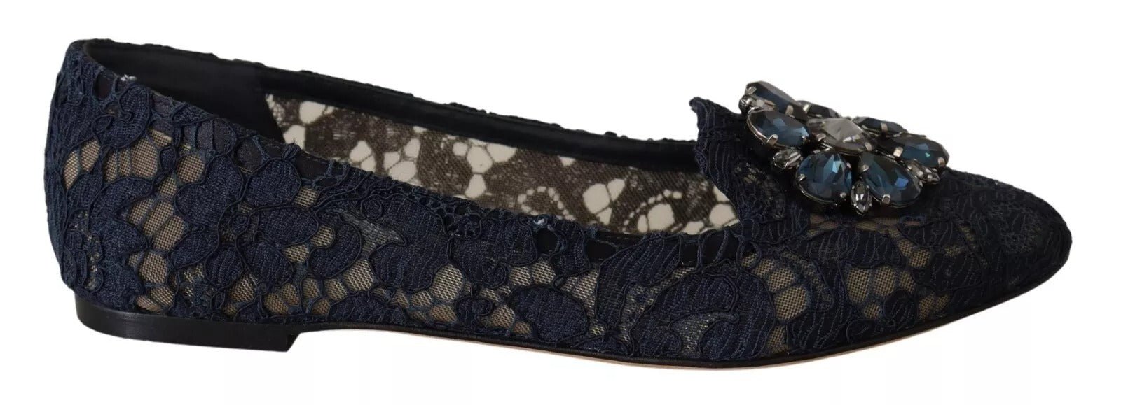 Dolce & Gabbana Blue Crystal Loafer Lace Ballet Flats Shoes - RIMODA