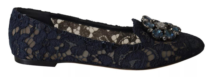 Dolce & Gabbana Blue Crystal Loafer Lace Ballet Flats Shoes - RIMODA