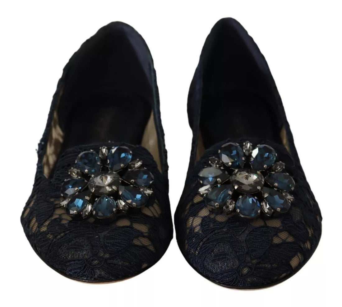 Dolce & Gabbana Blue Crystal Loafer Lace Ballet Flats Shoes - RIMODA