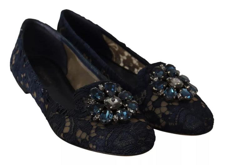 Dolce & Gabbana Blue Crystal Loafer Lace Ballet Flats Shoes - RIMODA