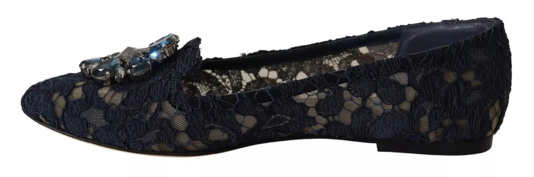 Dolce & Gabbana Blue Crystal Loafer Lace Ballet Flats Shoes - RIMODA