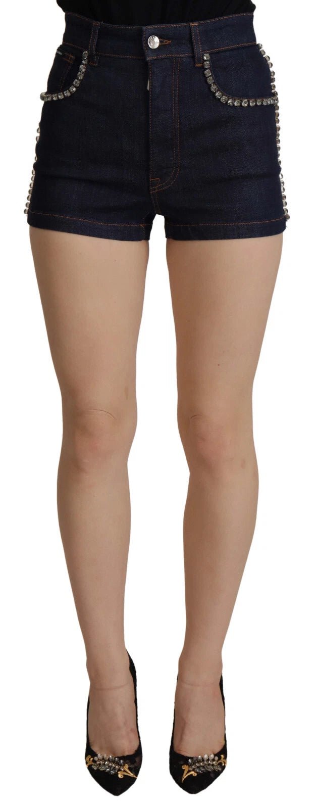 Dolce & Gabbana Blue Denim Stretch Crystal Hot Pants Shorts - RIMODA