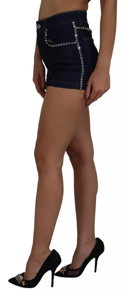 Dolce & Gabbana Blue Denim Stretch Crystal Hot Pants Shorts - RIMODA