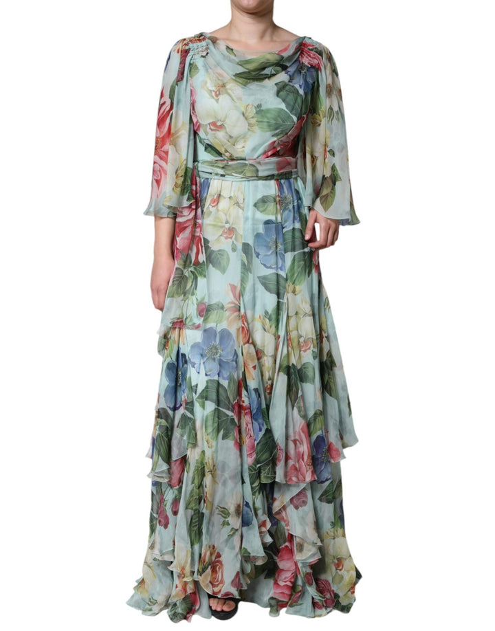 Dolce & Gabbana Blue Floral Print Tiered Long Maxi Dress - RIMODA