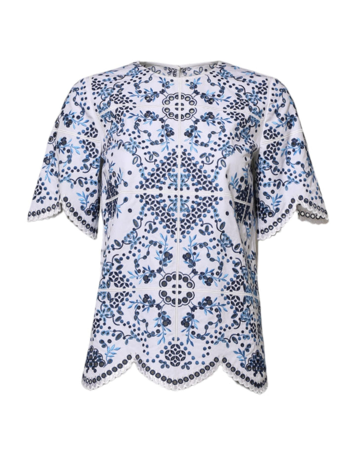 Dolce & Gabbana Blue Lace Eyelet Crew Neck Blouse Top - RIMODA