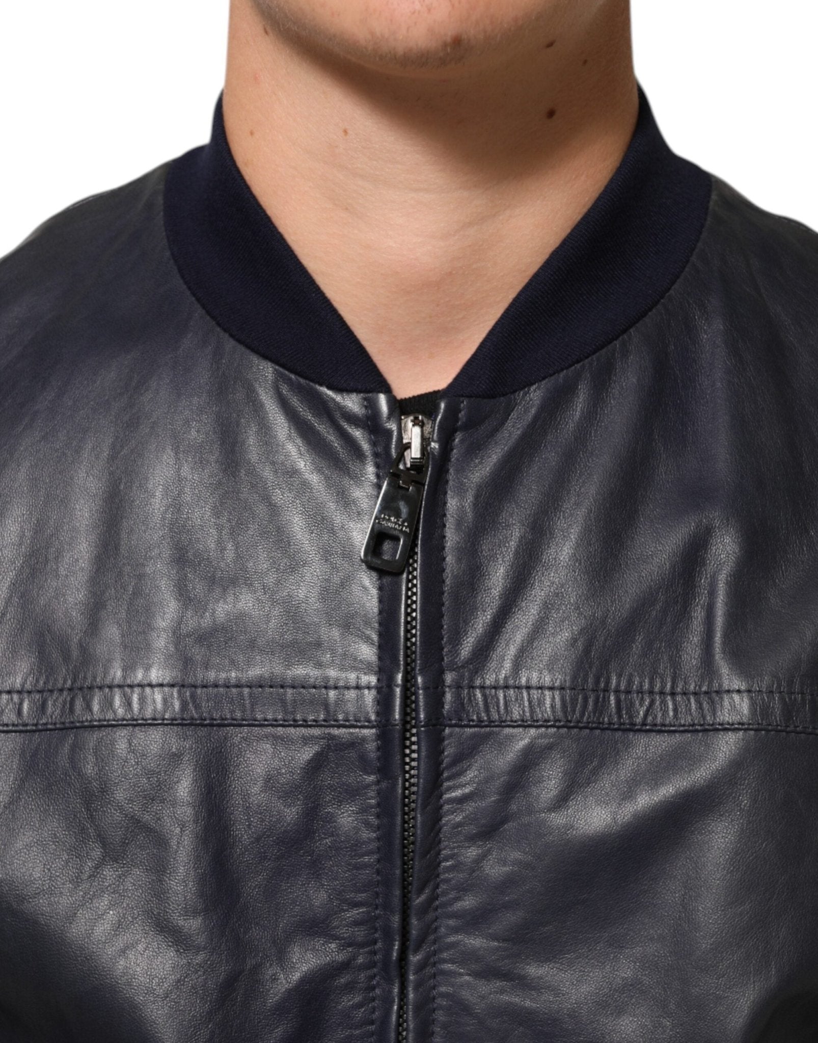 Dolce & Gabbana Blue Leather Full Zip Biker Blouson Jacket - RIMODA