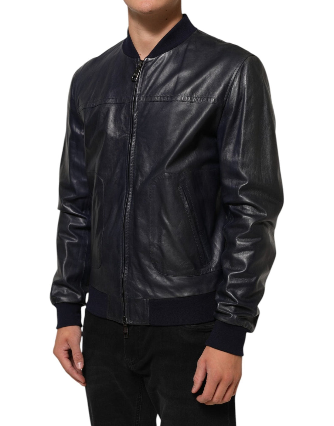 Dolce & Gabbana Blue Leather Full Zip Biker Blouson Jacket - RIMODA