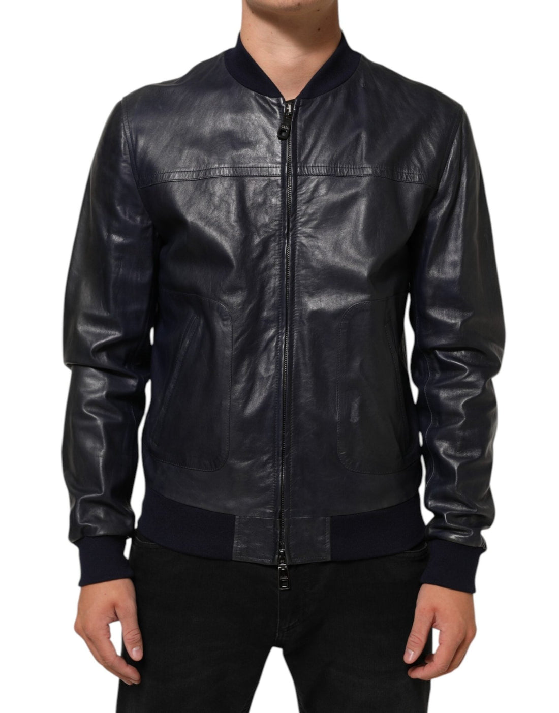 Dolce & Gabbana Blue Leather Full Zip Biker Blouson Jacket - RIMODA