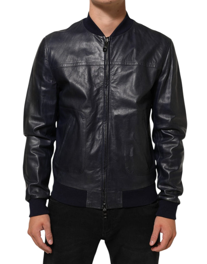 Dolce & Gabbana Blue Leather Full Zip Biker Blouson Jacket - RIMODA
