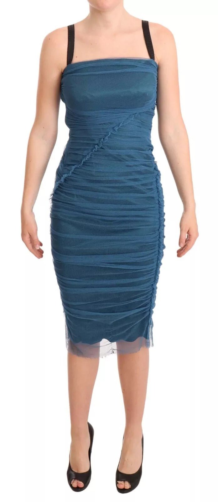 Dolce & Gabbana Blue Mesh Trim Ruched Tulle Sheath Dress - RIMODA