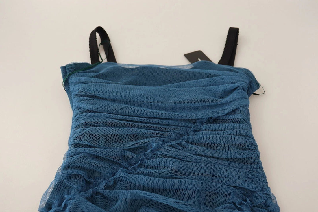 Dolce & Gabbana Blue Mesh Trim Ruched Tulle Sheath Dress - RIMODA