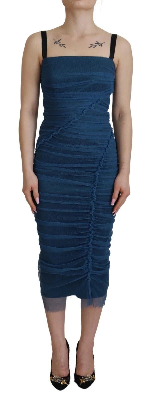 Dolce & Gabbana Blue Mesh Trim Ruched Tulle Sheath Dress - RIMODA