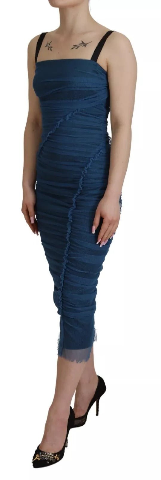 Dolce & Gabbana Blue Mesh Trim Ruched Tulle Sheath Dress - RIMODA