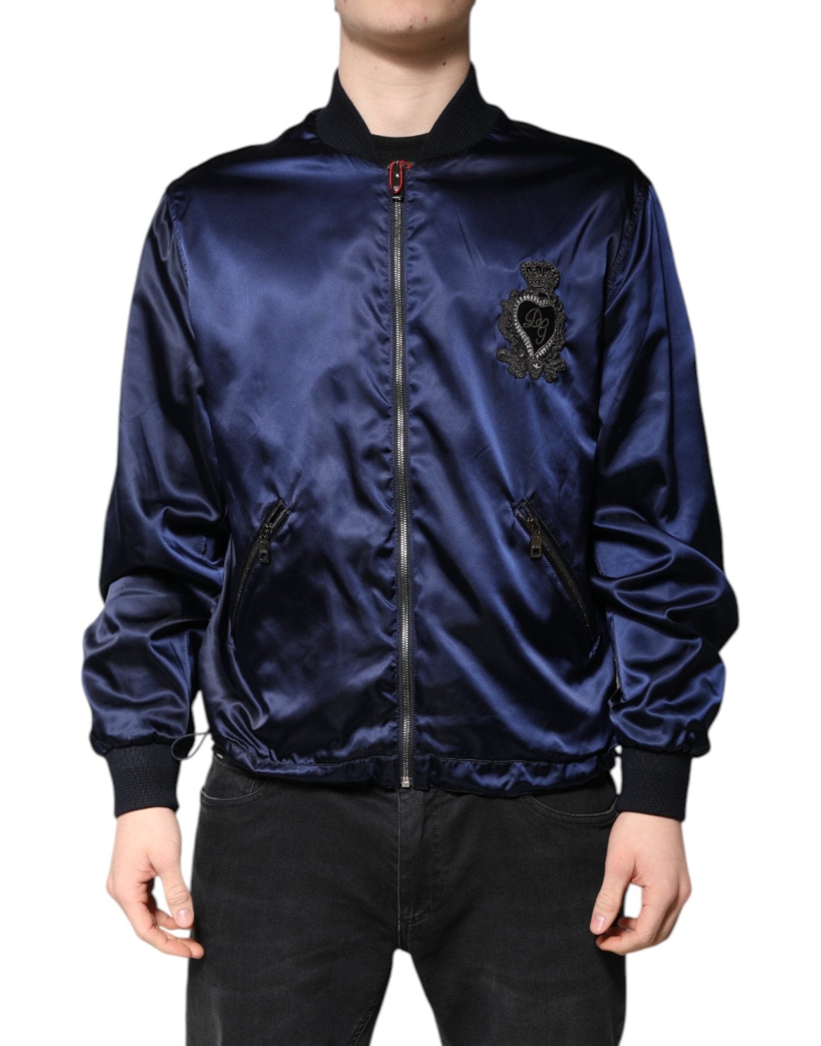 Dolce & Gabbana Blue Nylon DG Crown Full Zip Bomber Jacket - RIMODA