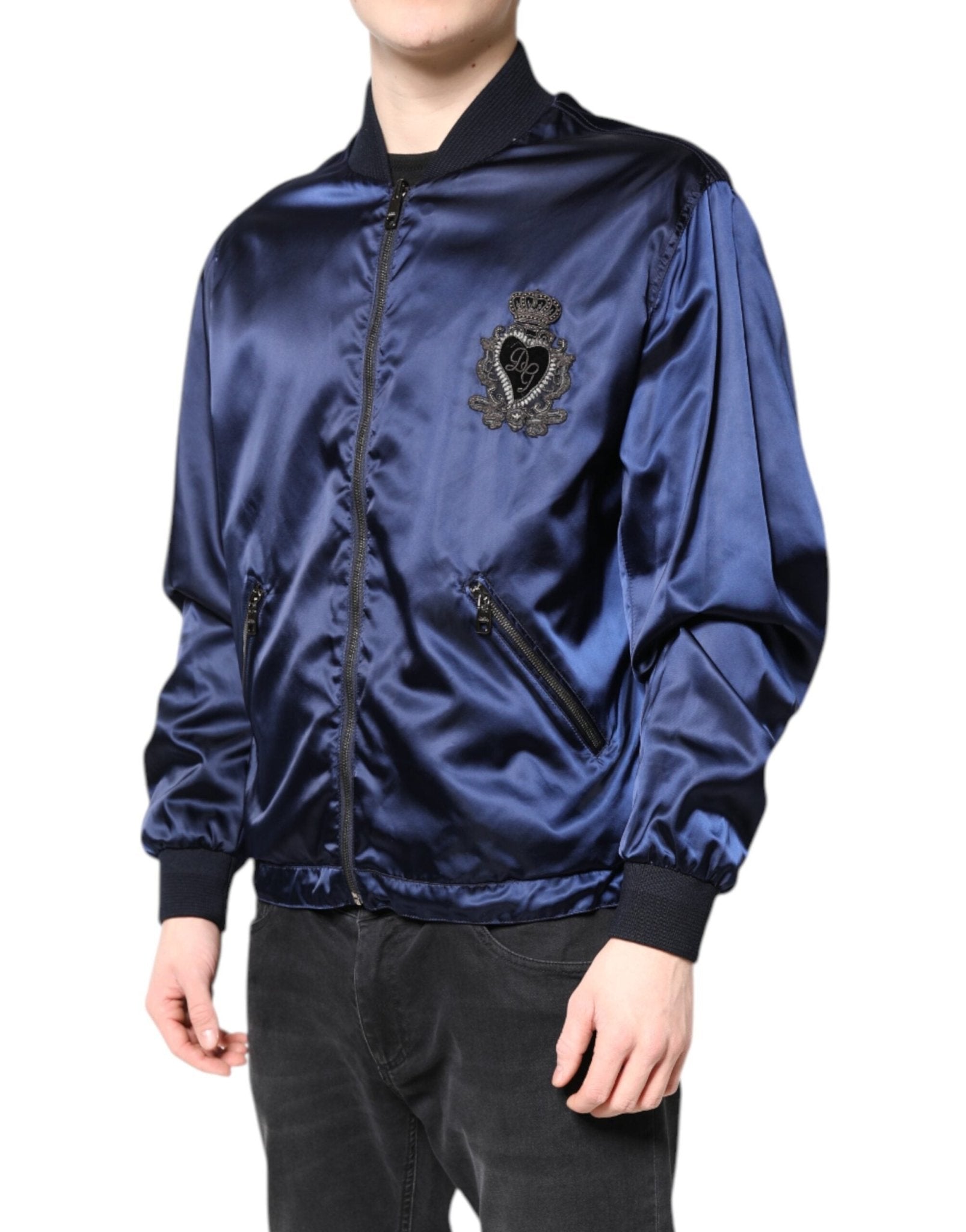 Dolce & Gabbana Blue Nylon DG Crown Full Zip Bomber Jacket - RIMODA