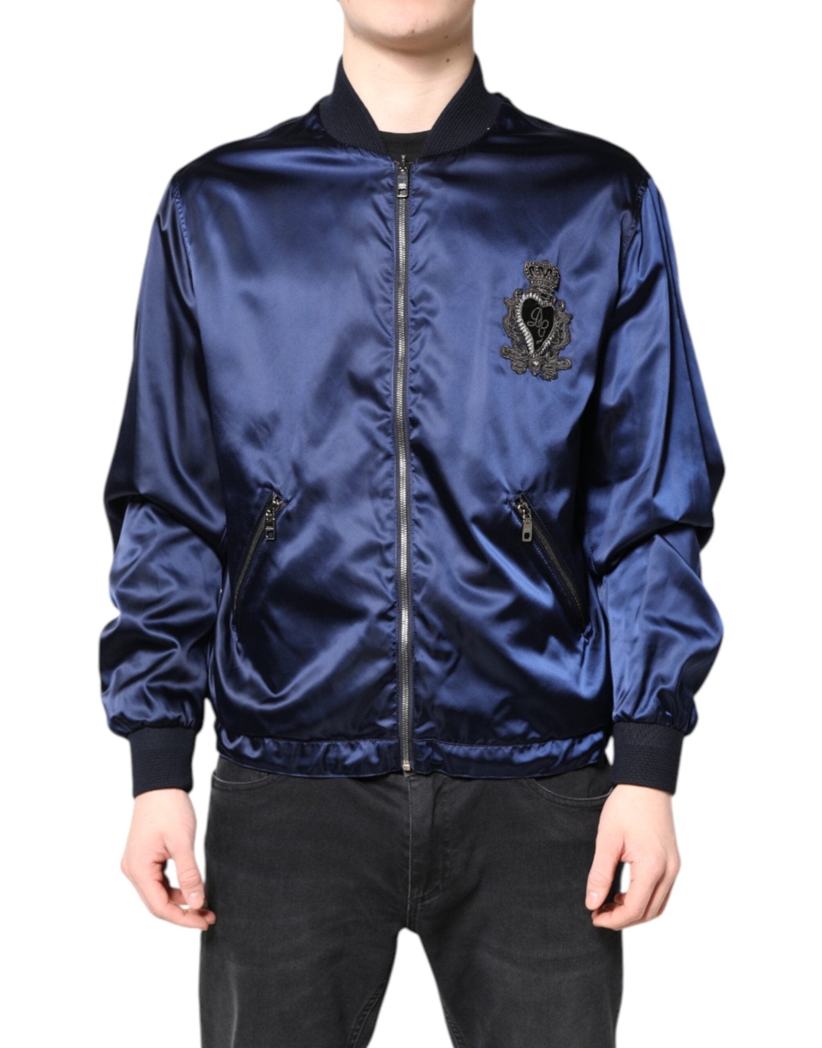 Dolce & Gabbana Blue Nylon DG Crown Full Zip Bomber Jacket - RIMODA