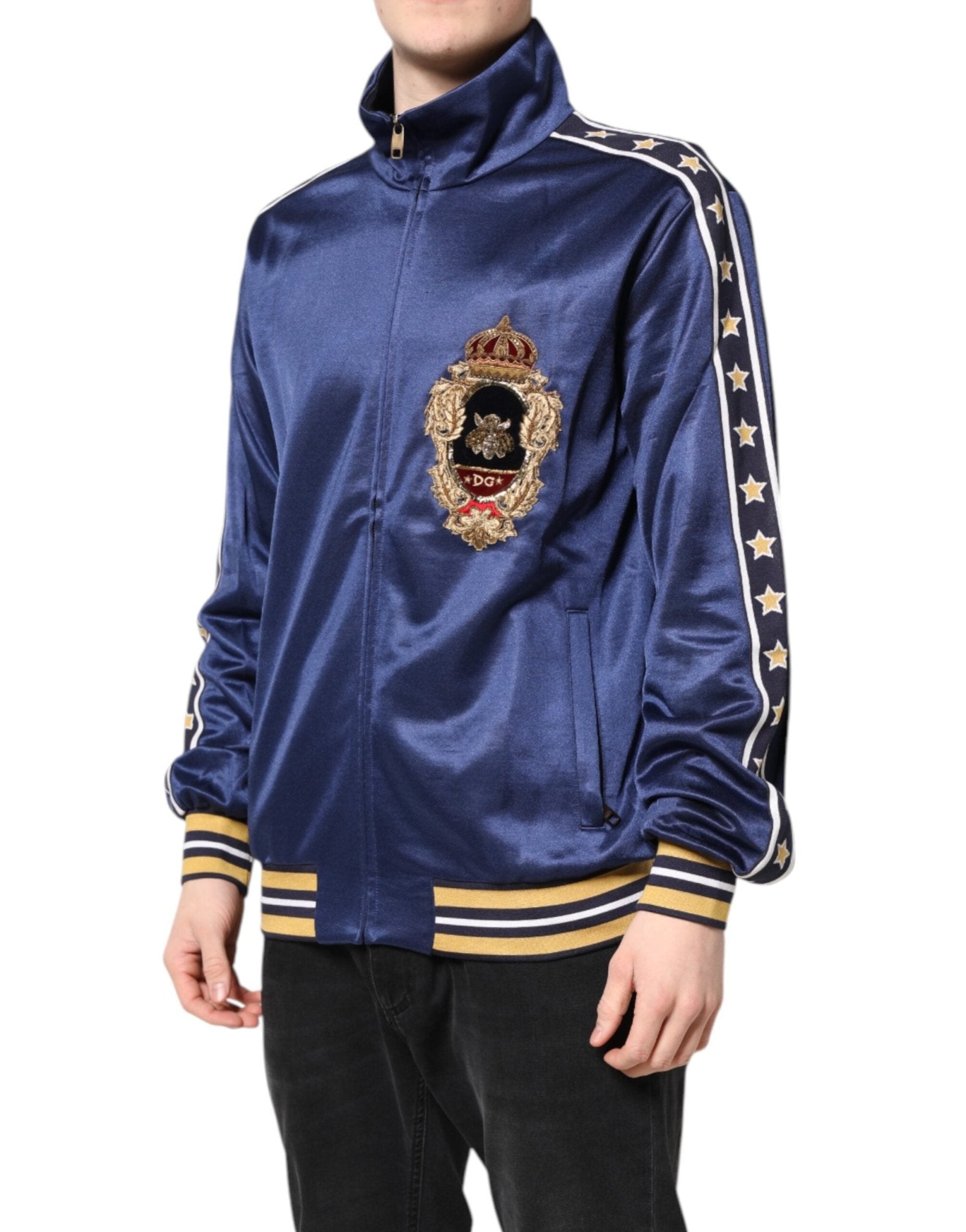 Dolce & Gabbana Blue Nylon Logo Patch Men Bomber Sweater - RIMODA