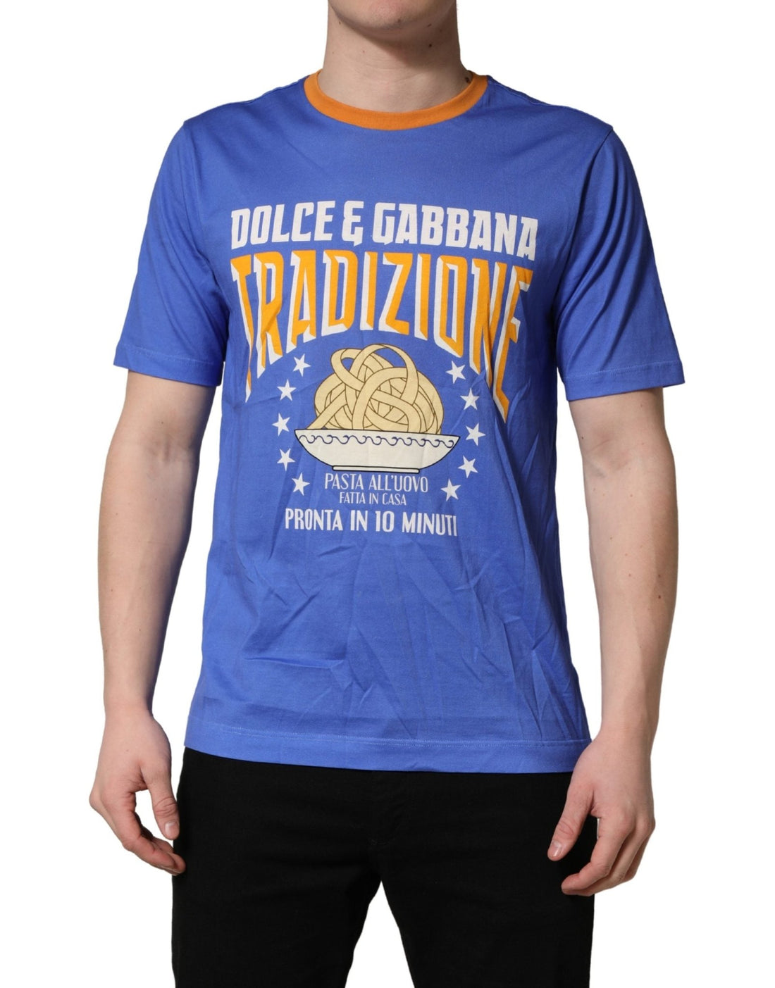 Dolce & Gabbana Blue Pasta Graphic Print Cotton Men Crewneck T-shirt - RIMODA