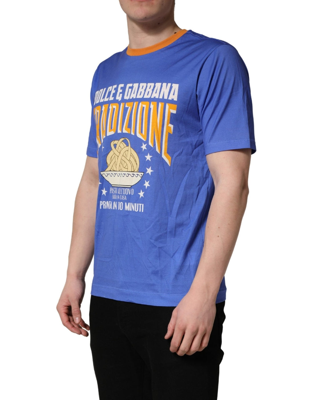 Dolce & Gabbana Blue Pasta Graphic Print Cotton Men Crewneck T-shirt - RIMODA