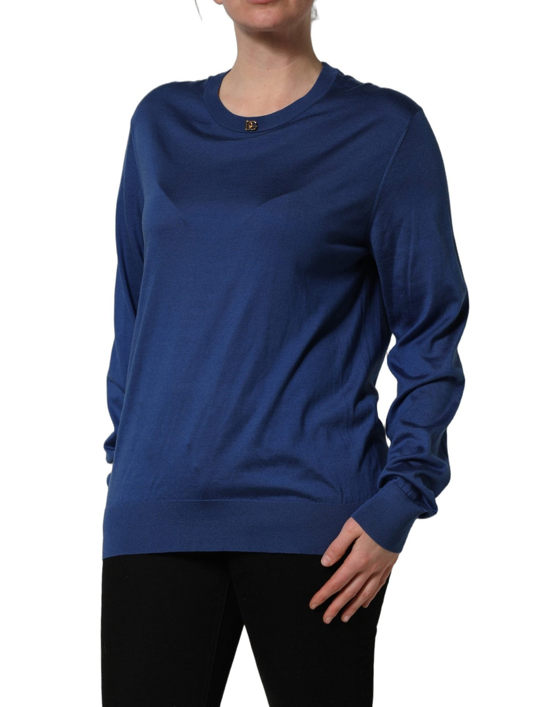Dolce & Gabbana Blue Silk DG Logo Crew Neck Pullover Sweater - RIMODA